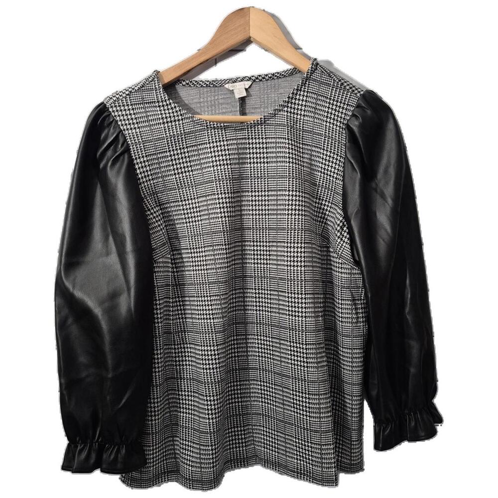 Cato Ladies Black White Herringbone Print Blouse Black Faux